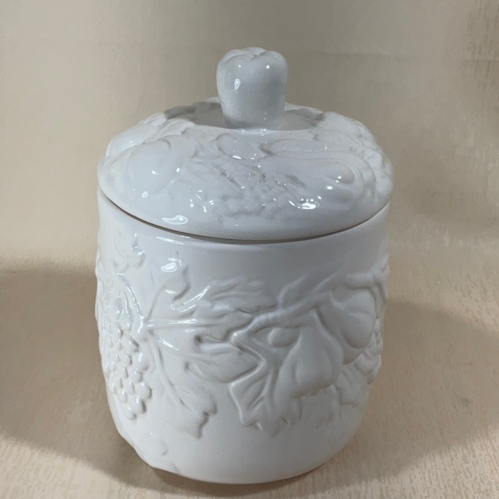 White Fruit Embossed White Ceramic Canister Hand Crafted